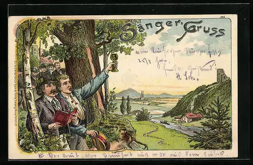 AK Sänger blicken von einer Anhöhe auf ein Flusstal