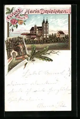 Lithographie Maria Dreieichen, Blick zur Kirche, Bründl