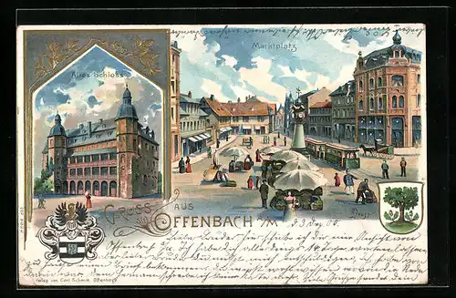 Lithographie Offenbach a. M., Altes Schloss und Marktplatz
