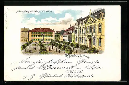 Lithographie Offenbach a. M., Alicenplatz mit Kriegerdenkmal