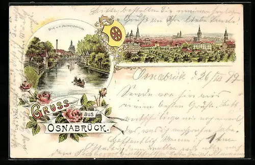 Lithographie Osnabrück, Ortsansicht und Blick v. d. Neumarktsbrücke