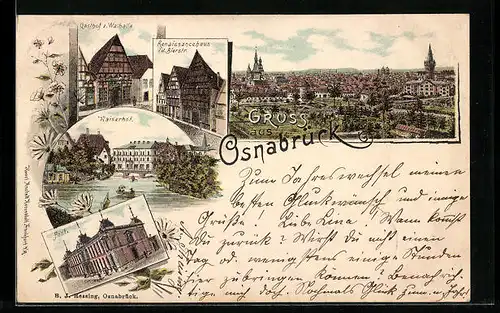 Lithographie Osnabrück, Gasthof z. Walhalla, Renaissancehaus i. d. Bierstrasse und Ortspanorama