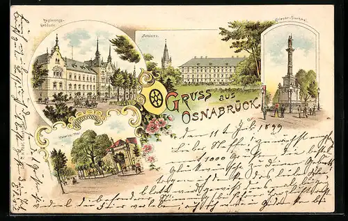 Lithographie Osnabrück, Schloss, Regierungs-Gebäude, Waterloo-Tor, Krieger-Denkmal