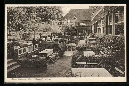 AK Krefeld-Linn, Gaststätte u. Kaffee Haus Baumeister mit Terrasse