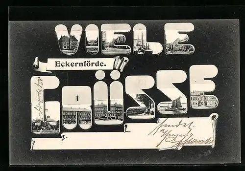 AK Eckernförde, Ortsansichten im Schriftzug Viele Grüsse