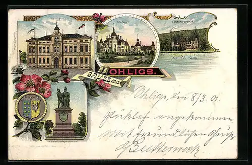 Lithographie Ohligs, Rathaus, Villa Berg und Caspars-Bruch