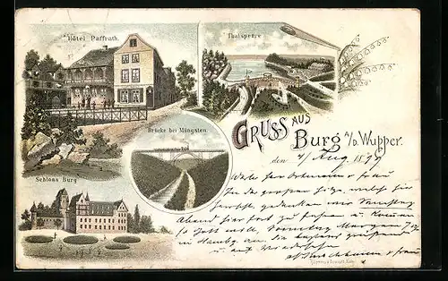 Lithographie Burg a. d. Wupper, Hotel Paffrath, Talsperre, Schloss Burg, Brücke bei Müngsten