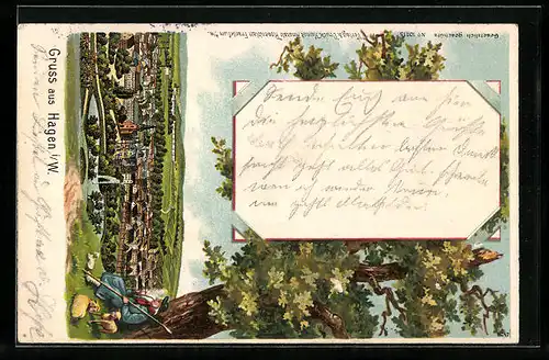 Lithographie Hagen i. W., Ortsansicht aus der Vogelschau