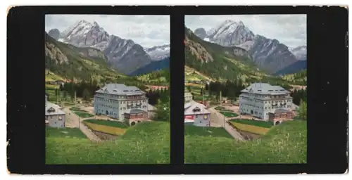 Stereo-Fotografie Chromoplast No. 156, Ansicht Canazei / Dolomiten, Blick in den Ort