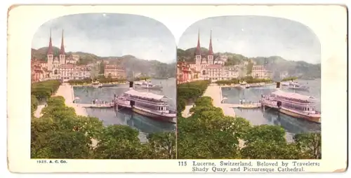 Stereo-Fotografie unbekannter Fotograf, Ansicht Luzern / Lucerne, Dampfer am Anleger, Shady Quai, Kathedrale