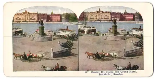 Stereo-Fotografie unbekannter Fotograf, Ansicht Stockholm, Gustav III. Statue & Grand Hotel