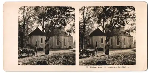 Stereo-Fotografie unbekannter Fotograf, Ansicht St. Loretto bei Oberstdorf / Allgäuer Alpen, Kirche mit Brunnen