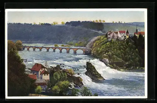 Künstler-AK Photochromie Serie 377, Nr. 5196: Wasserfall mit Brücke und Ortsansicht