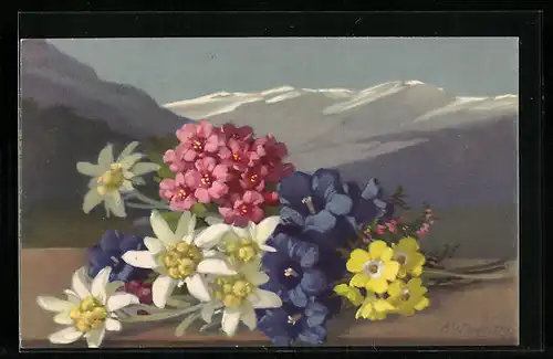 Künstler-AK Photochromie Serie 584, Nr. 1512: schöner Blumenstrauss mit Edelweiss