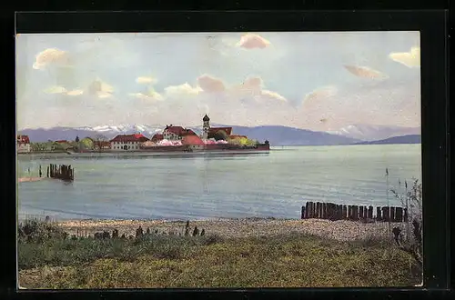 Künstler-AK Photochromie Serie 172, Nr. 3049: Wasserburg, Ortsansicht vom Ufer des Bodensees aus gesehen