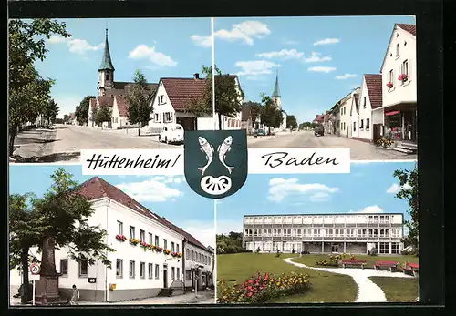 AK Huttenheim /Baden, Strassenpartie, Kirche