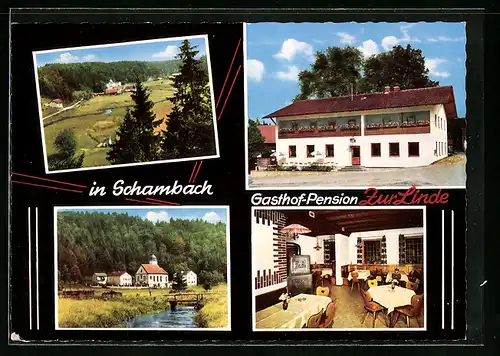 AK Schambach, Zwei Ortsansichten und Gasthof-Pension Zur Linde