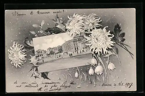 Passepartout-AK Genève, Stadtplatz, Blumen