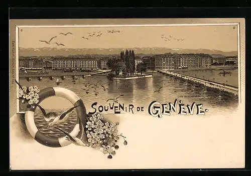 Lithographie Genève, les Mouettes et le Jura