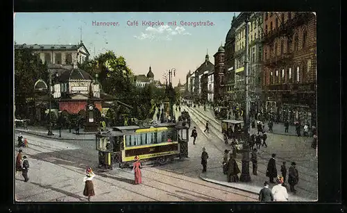 AK Hannover, Georgstrasse mit Strassenbahn und Café Kröpcke