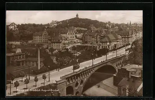 AK Plauen i. V., Strassenbahnverkehr auf der Friedrich August-Brücke