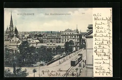 AK Wiesbaden, Strassenbahnverkehr auf dem Kochbrunnenplatz