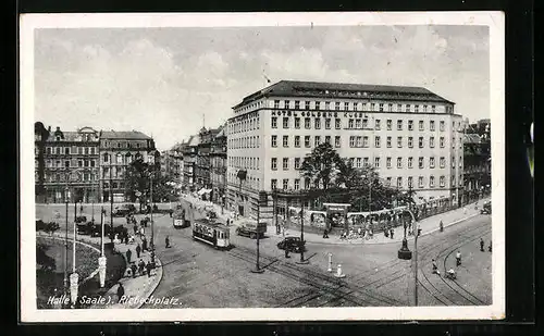 AK Halle a. S., Strassenbahnen auf dem Riebeckplatz