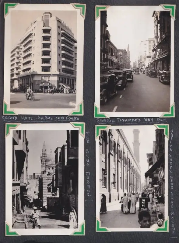 Fotoalbum mit 111 Fotografien ca. 1930, Ansicht Kairo, Handwerk, Markthändler, Sphinx, Metro Cinema, Tracht, Strassenbahn 14