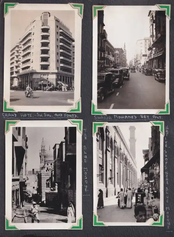 Fotoalbum mit 111 Fotografien ca. 1930, Ansicht Kairo, Handwerk, Markthändler, Sphinx, Metro Cinema, Tracht, Strassenbahn 14