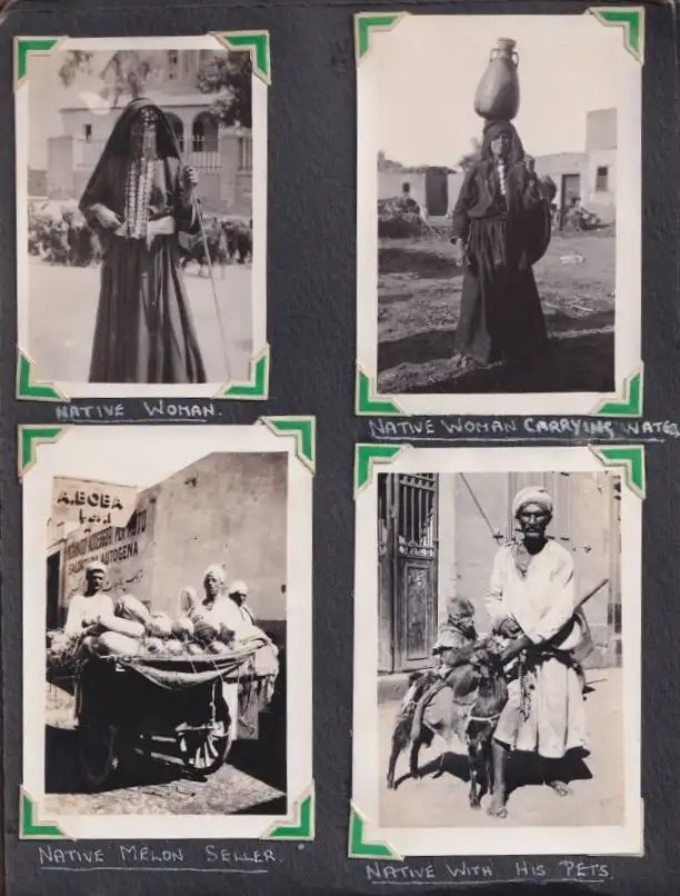Fotoalbum mit 111 Fotografien ca. 1930, Ansicht Kairo, Handwerk, Markthändler, Sphinx, Metro Cinema, Tracht, Strassenbahn 5