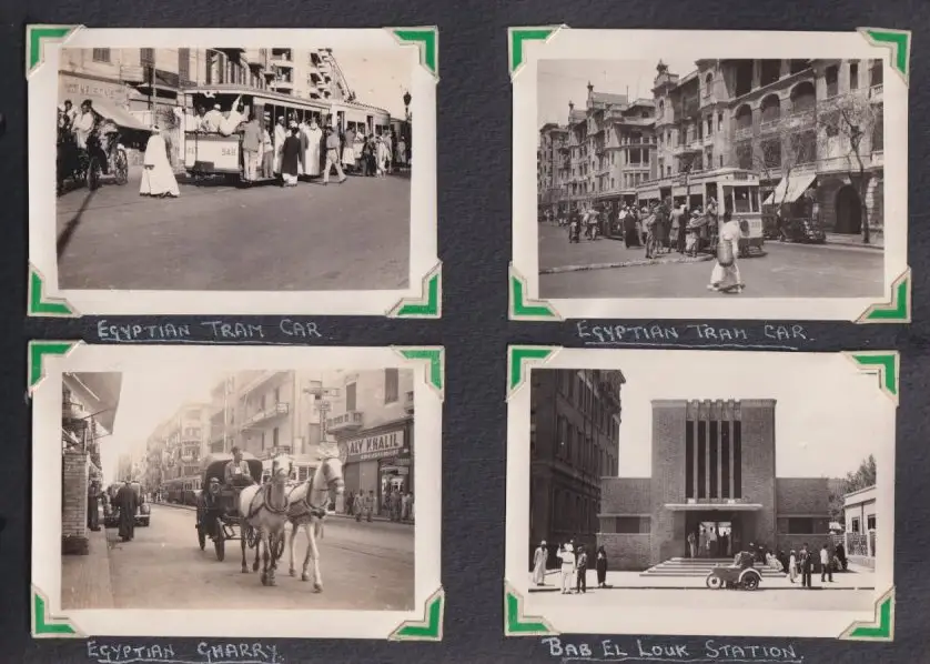 Fotoalbum mit 111 Fotografien ca. 1930, Ansicht Kairo, Handwerk, Markthändler, Sphinx, Metro Cinema, Tracht, Strassenbahn 7