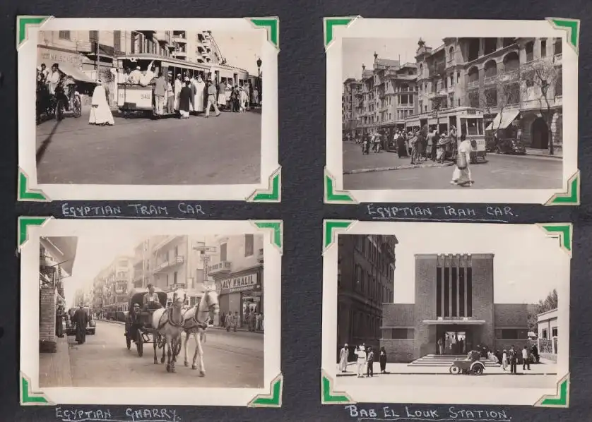 Fotoalbum mit 111 Fotografien ca. 1930, Ansicht Kairo, Handwerk, Markthändler, Sphinx, Metro Cinema, Tracht, Strassenbahn 7