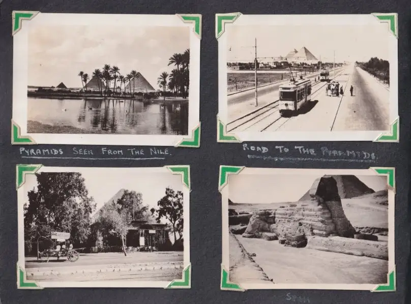 Fotoalbum mit 111 Fotografien ca. 1930, Ansicht Kairo, Handwerk, Markthändler, Sphinx, Metro Cinema, Tracht, Strassenbahn 8