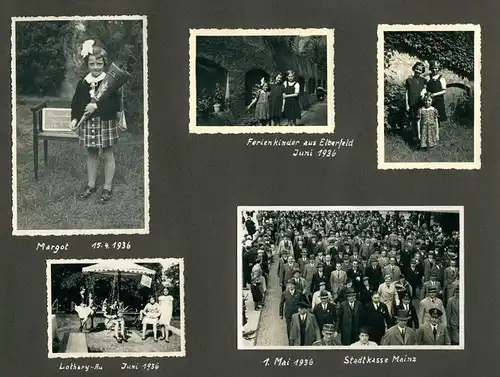 Fotoalbum mit 211 Fotografien, Ansicht Mainz, Busfahrer mit Autobus, Diensthund, Stahlhelmaufmarsch 1935