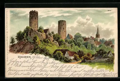 Künstler-AK Kohren, Ortsansicht mit Burgruine
