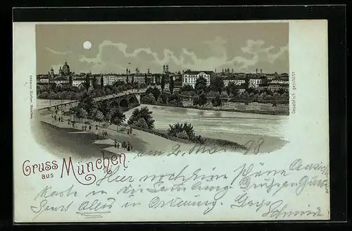Mondschein-Lithographie München, Ortsansicht mit Isarbrücke