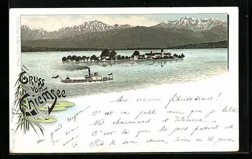 Lithographie Chiemsee, Insel und Dampfer im Chiemsee