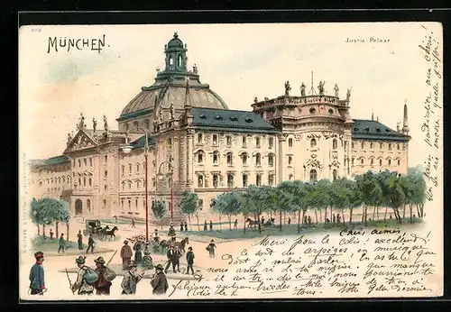 Lithographie München, Justizpalast mit Strasse und Passanten