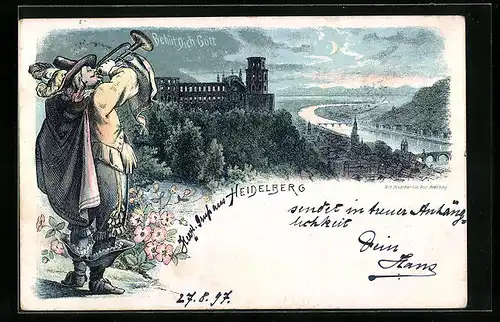 Mondschein-Lithographie Heidelberg, Ortsansicht mit Fluss und Schloss, Trompeter, Behüt Dich Gott