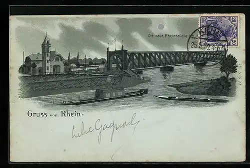 Mondschein-AK Kehl /Rh., Neue Rheinbrücke mit Kirche und Frachtkähnen