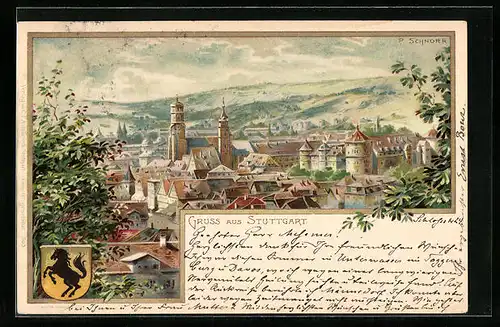 Lithographie Stuttgart, Ortsansicht mit Blick ins Land, Wappen