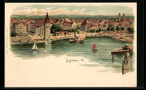 Lithographie Lindau i. B., Ortsansicht mit Dampferanleger
