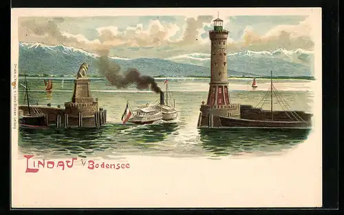 Lithographie Lindau i. B., Hafeneinfahrt mit Löwe und Leuchtturm