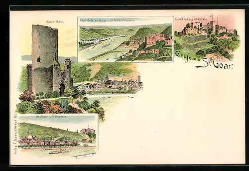 Lithographie St. Goar, Ortsansicht mit St. Goarshausen und Rheinfels, Ruine Katz