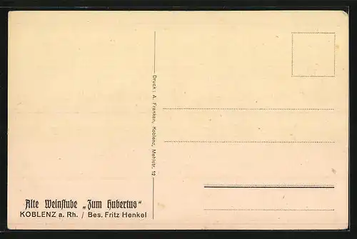 Künstler-AK Koblenz /Rh., Gasthaus Alte Weinstube / Zum Hubertus, Innenansicht