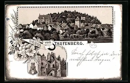 Lithographie Staufenberg /Hessen, Ortsansicht, Aussichtsturm in der Ruine, Wappen
