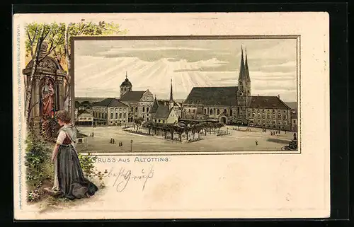 Passepartout-Lithographie Altötting, Markt aus der Vogelschau, Andacht am Wege
