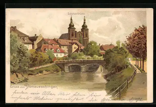 Lithographie Donaueschingen, Teilansicht mit Schützenbrücke