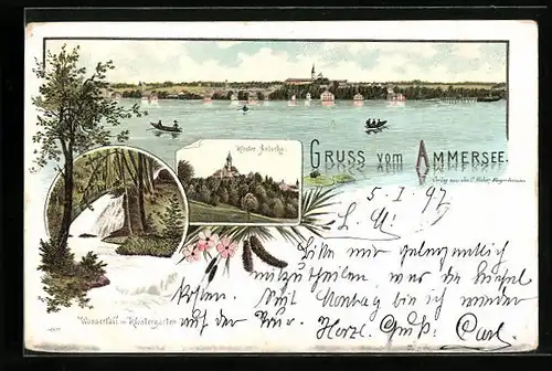 Lithographie Diessen /Ammersee, Panorama vom See gesehen, Kloster Andechs