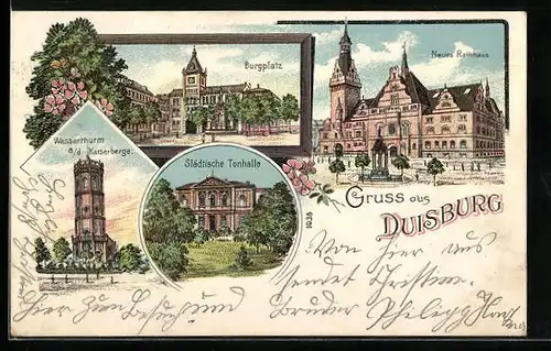 Lithographie Duisburg, Burgplatz, Neues Rathaus, Wasserthurm, Städtische Tonhalle